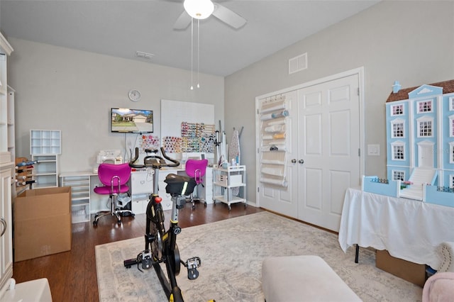 office area featuring wood-type flooring and ceiling fan