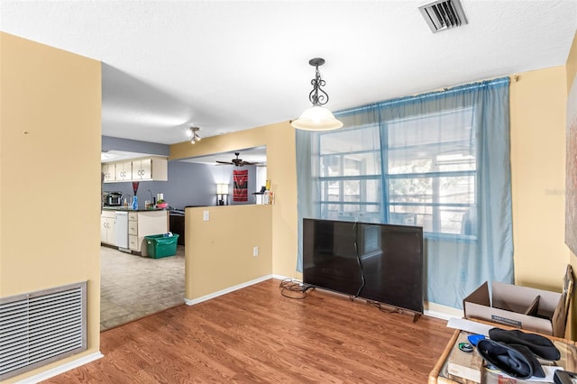 living room featuring ceiling fan and light hardwood / wood-style flooring