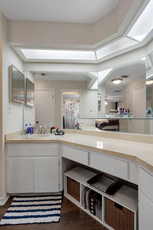 bathroom featuring vanity and hardwood / wood-style floors