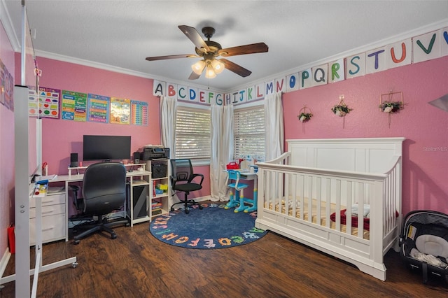 bedroom featuring ornamental molding, dark hardwood / wood-style floors, and ceiling fan