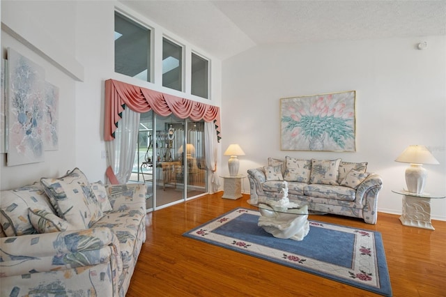 living room with wood-type flooring, vaulted ceiling, and a textured ceiling