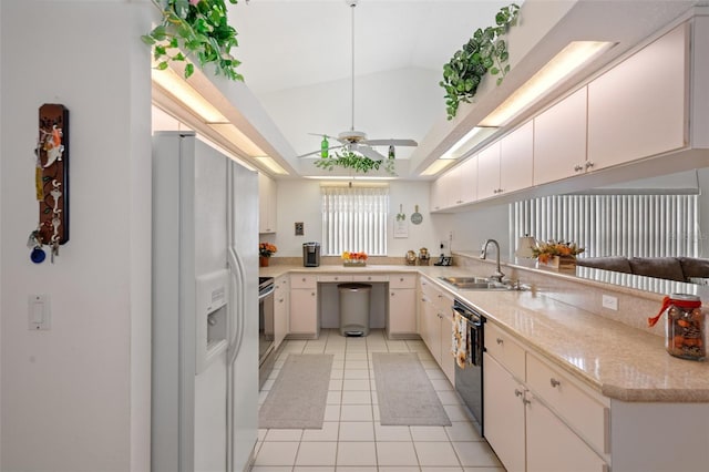 kitchen featuring vaulted ceiling, sink, black dishwasher, white refrigerator with ice dispenser, and light tile patterned floors