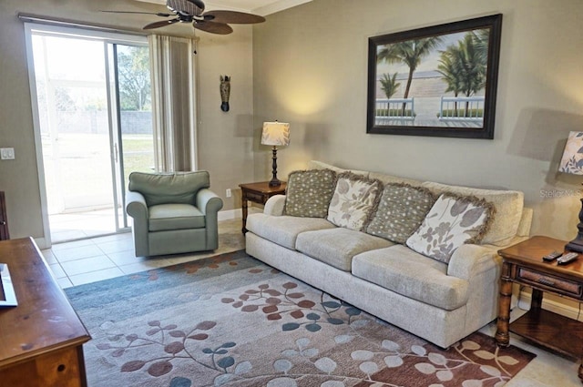 tiled living room with ceiling fan