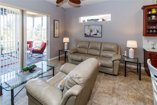 living room featuring ceiling fan