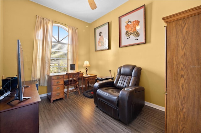 sitting room featuring dark hardwood / wood-style floors and ceiling fan