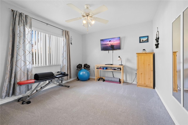 workout area with carpet floors and ceiling fan