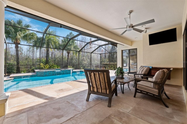 view of swimming pool featuring a patio area, glass enclosure, and an in ground hot tub