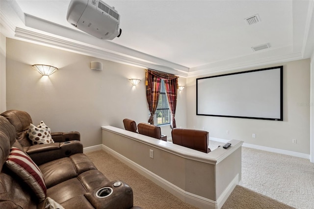 home theater featuring a wall mounted AC, ornamental molding, and light colored carpet