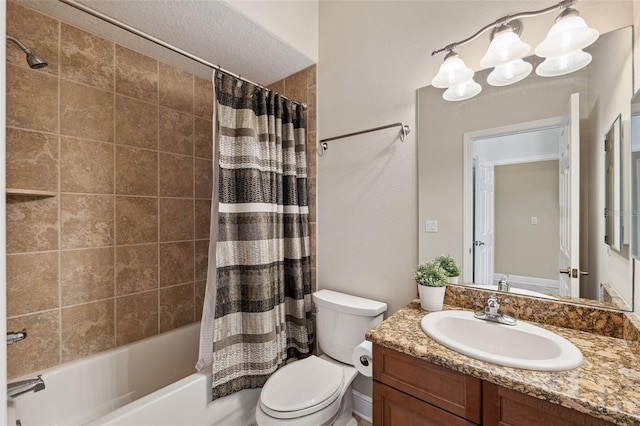 full bathroom featuring shower / bath combination with curtain, vanity, toilet, and a textured ceiling