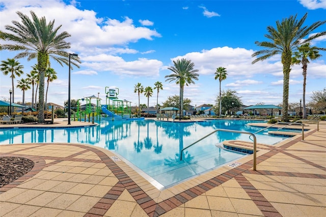 view of swimming pool featuring a water slide and a patio area