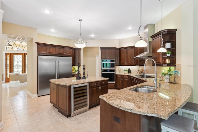 20200 Lace Cascade Rd, Land O Lakes, FL 34637 - kitchen featuring beverage cooler, appliances with stainless steel finishes, open shelves, tasteful backsplash, and light stone countertops
