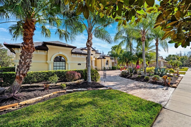 20200 Lace Cascade Rd, Land O Lakes, FL 34637 - mediterranean / spanish-style house with stucco siding and a front lawn