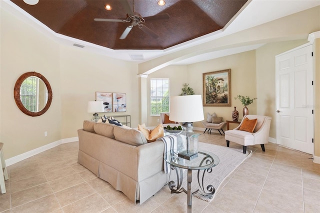 20200 Lace Cascade Rd, Land O Lakes, FL 34637 - living room featuring a tray ceiling, light tile patterned floors, ceiling fan, baseboards, and recessed lighting