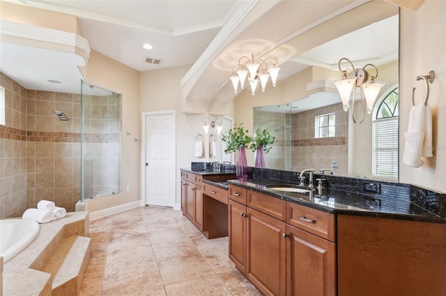 20200 Lace Cascade Rd, Land O Lakes, FL 34637 - full bathroom featuring double vanity, tiled shower, ornamental molding, a bath, and tile patterned floors