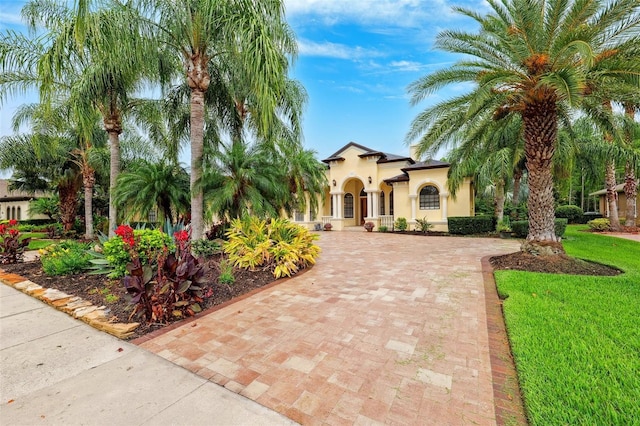 20200 Lace Cascade Rd, Land O Lakes, FL 34637 - mediterranean / spanish-style house with stucco siding, decorative driveway, and a front yard