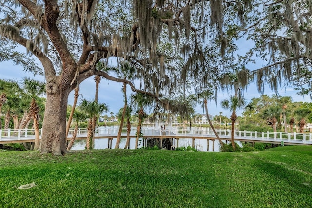 dock area featuring a water view and a lawn