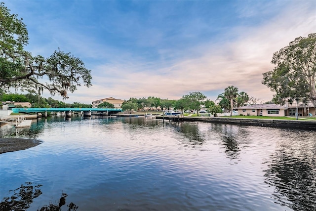 view of water feature with a dock