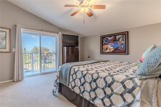 bedroom with vaulted ceiling, carpet floors, access to exterior, and ceiling fan