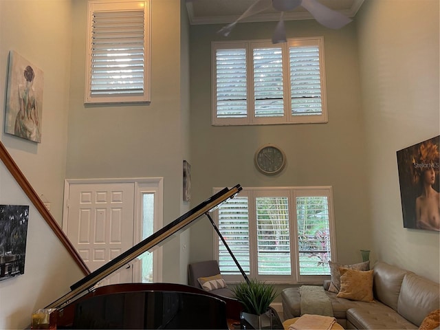 living room with a towering ceiling