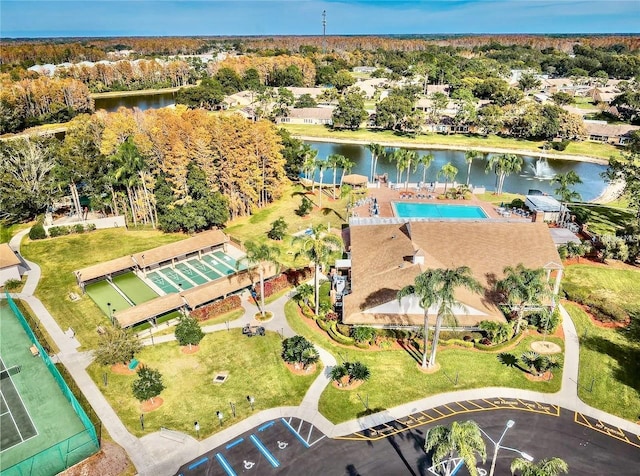 birds eye view of property featuring a water view