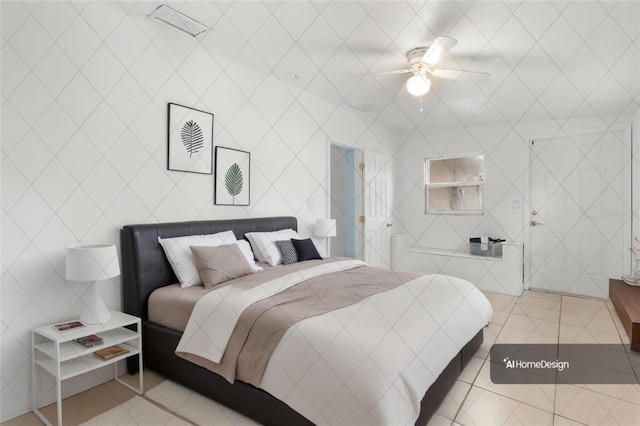 bedroom featuring tile walls, tile patterned floors, and ceiling fan