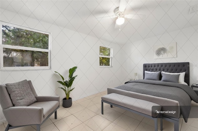 tiled bedroom with ceiling fan