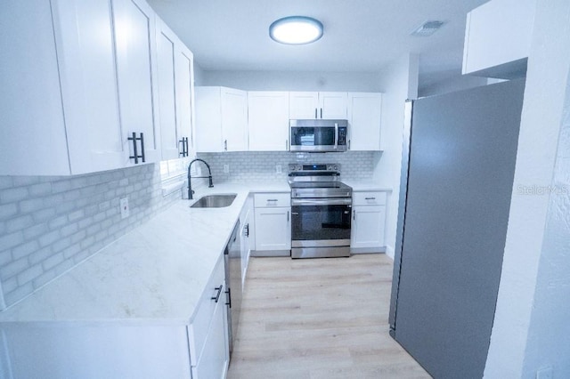 kitchen featuring sink, white cabinetry, stainless steel appliances, light hardwood / wood-style floors, and decorative backsplash