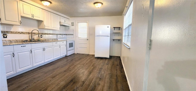 kitchen featuring white cabinetry, dark hardwood / wood-style flooring, sink, and white appliances