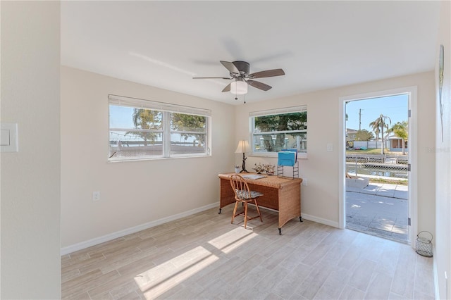 office with ceiling fan, a healthy amount of sunlight, and light hardwood / wood-style flooring