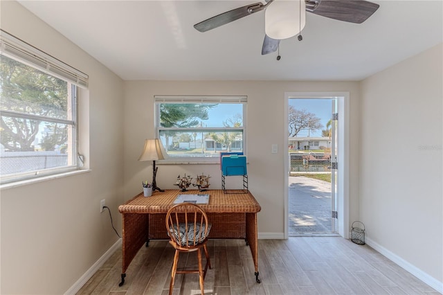 office space with ceiling fan and light wood-type flooring