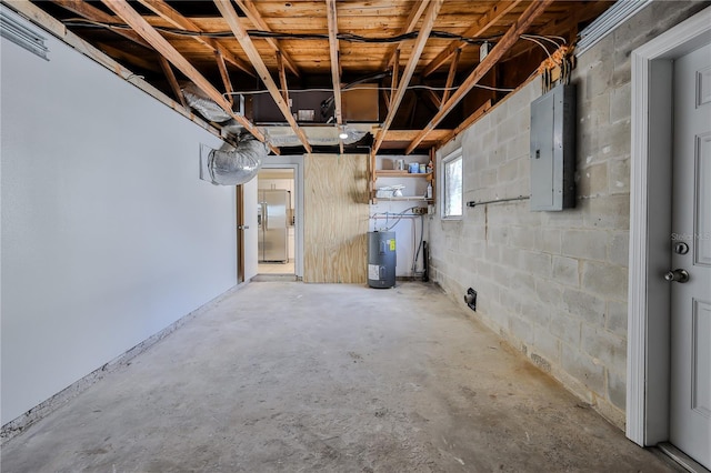 basement with water heater and electric panel