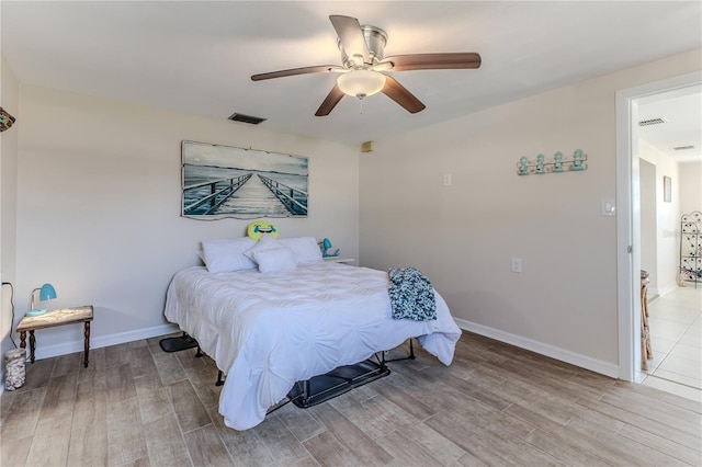 bedroom featuring ceiling fan and light hardwood / wood-style floors