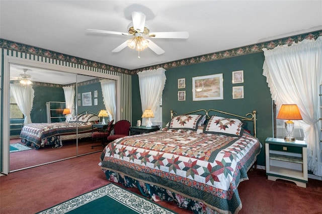 carpeted bedroom featuring ceiling fan, a closet, and multiple windows