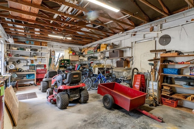 garage with a workshop area