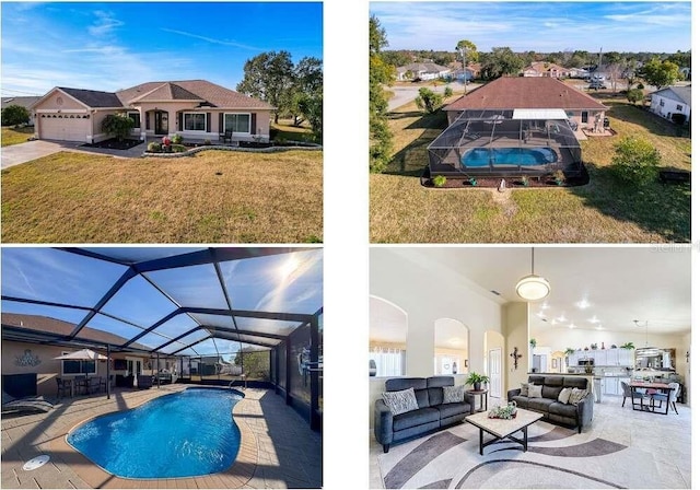 view of swimming pool with an outdoor hangout area, a lawn, a patio, and glass enclosure