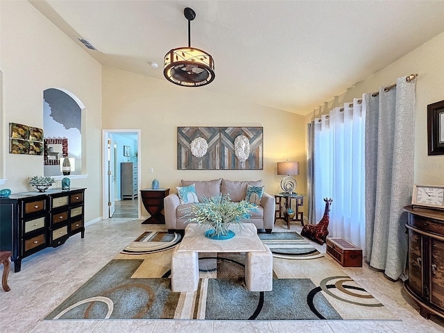 living room with vaulted ceiling