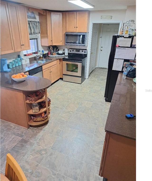 kitchen with appliances with stainless steel finishes, sink, and light brown cabinets