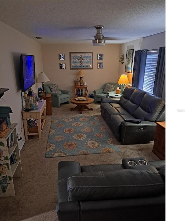 carpeted living room featuring a textured ceiling