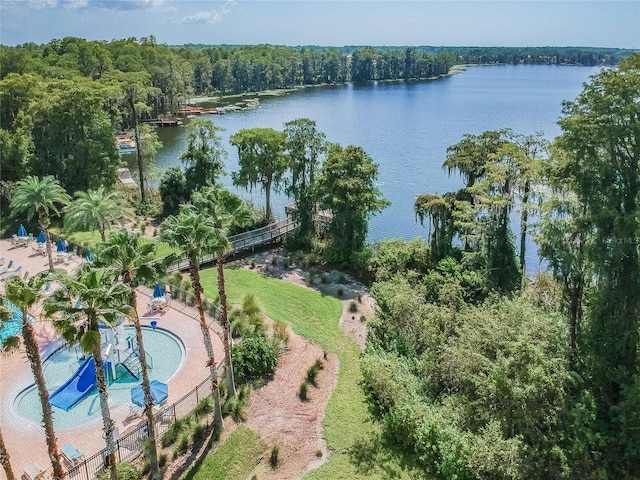 drone / aerial view with a water view