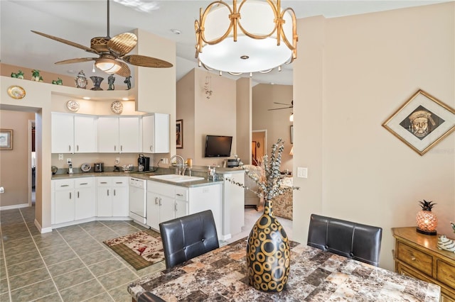 kitchen with sink, dishwasher, pendant lighting, ceiling fan, and white cabinets