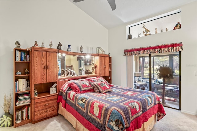 bedroom with light carpet, access to exterior, high vaulted ceiling, and ceiling fan