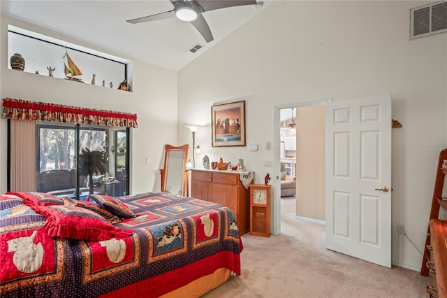 bedroom with high vaulted ceiling, light colored carpet, ceiling fan, and access to exterior