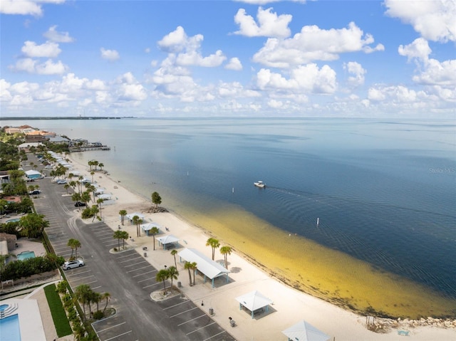 drone / aerial view with a water view and a beach view