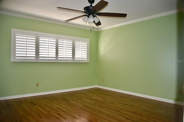 empty room with dark hardwood / wood-style flooring, crown molding, a textured ceiling, and ceiling fan