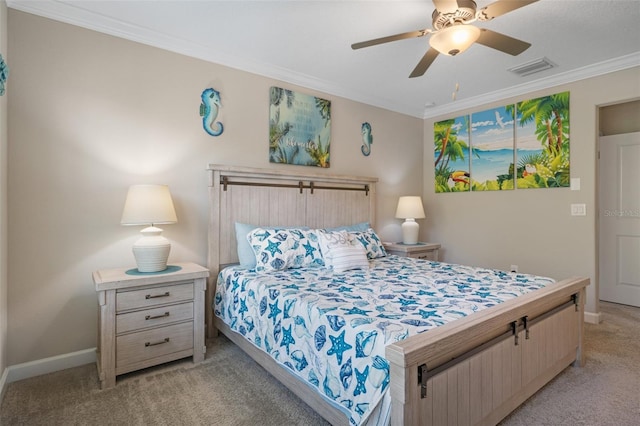 bedroom with light carpet, crown molding, and ceiling fan