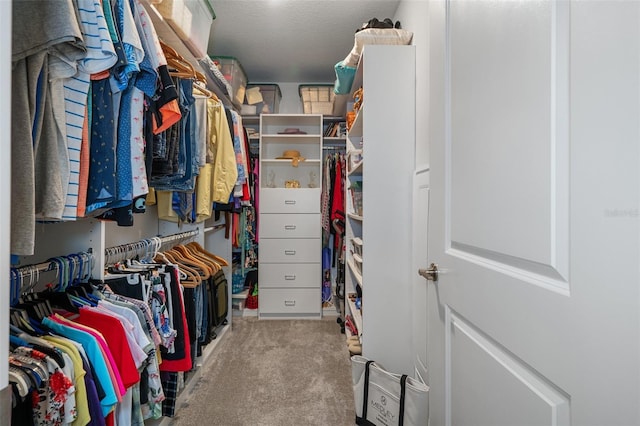 spacious closet featuring light colored carpet