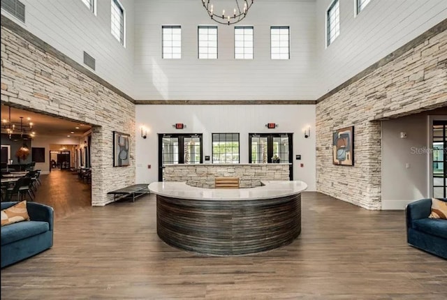 welcome area with a notable chandelier