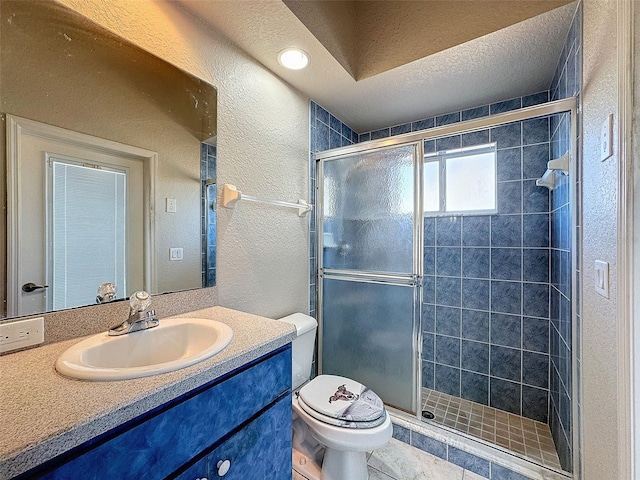 bathroom featuring vanity, toilet, a shower with door, and a textured ceiling