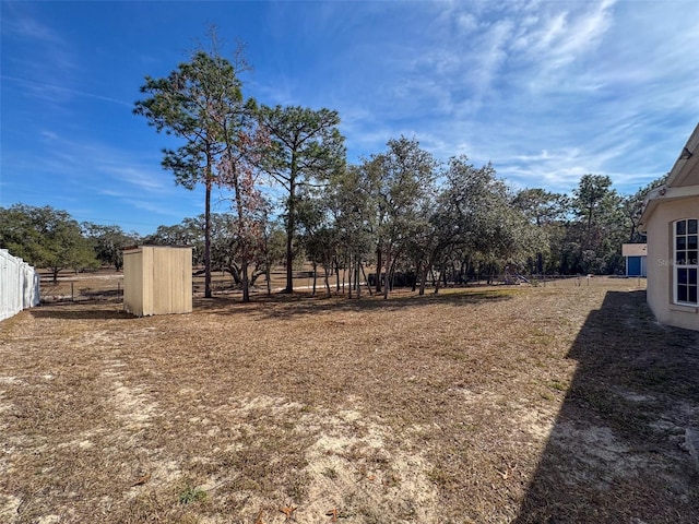 view of yard featuring a storage shed