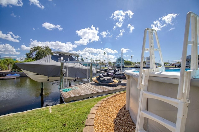 view of dock featuring a water view and boat lift